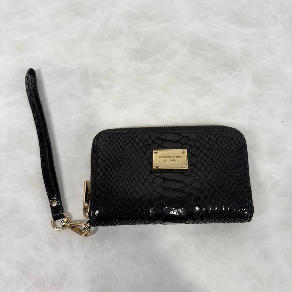 Michael Kors Black Snake-Embossed Wristlet with Gold Plate